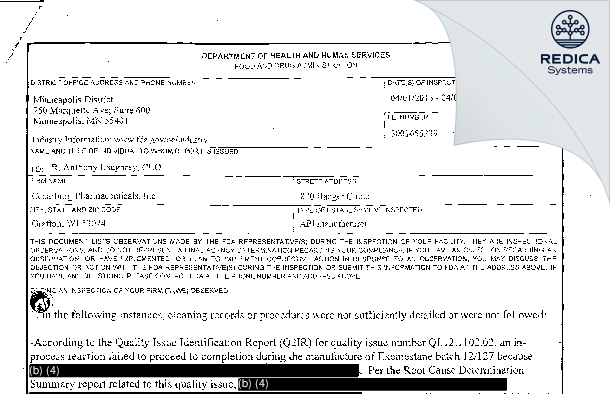 FDA 483 - Curia Wisconsin, Inc. [Grafton / United States of America] - Download PDF - Redica Systems