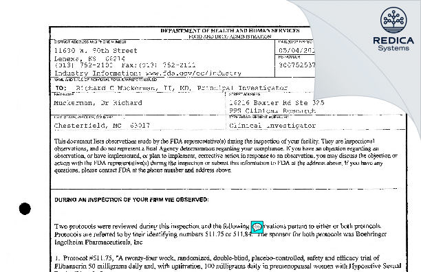 FDA 483 - Muckerman II, M.D., Richard C. [Chesterfield / United States of America] - Download PDF - Redica Systems
