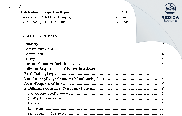 EIR - Tandem Labs A LabCorp Company [Trenton / United States of America] - Download PDF - Redica Systems