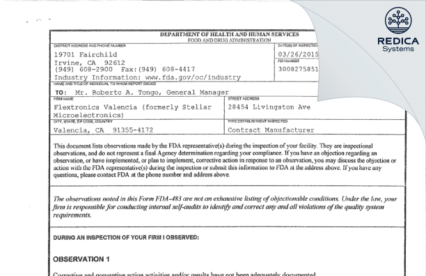 FDA 483 - Flextronics Valencia (formerly Stellar Microelectronics) [Valencia / United States of America] - Download PDF - Redica Systems
