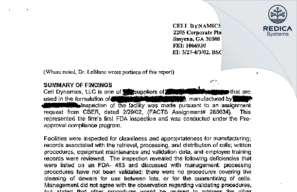EIR - Cell Dynamics, LLC [Smyrna / United States of America] - Download PDF - Redica Systems