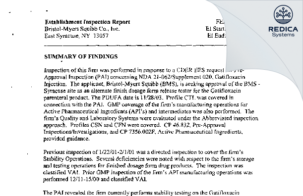 EIR - Bristol-Myers Squibb Co., Inc. [East Syracuse / United States of America] - Download PDF - Redica Systems