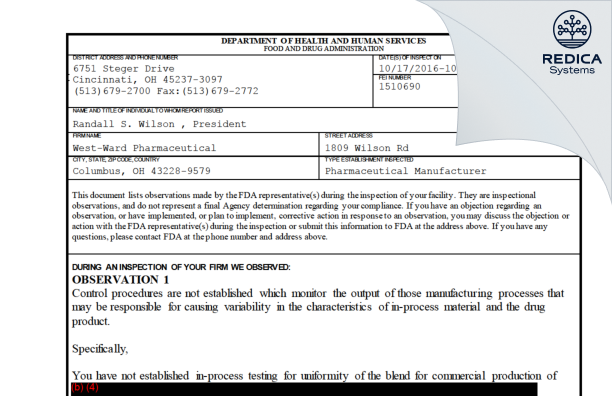 FDA 483 - West-Ward Columbus Inc. [Columbus / United States of America] - Download PDF - Redica Systems