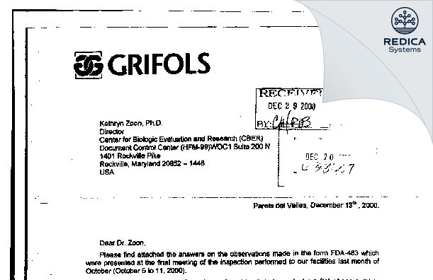 FDA 483 Response - Instituto Grifols, S.A. [Spain / Spain] - Download PDF - Redica Systems