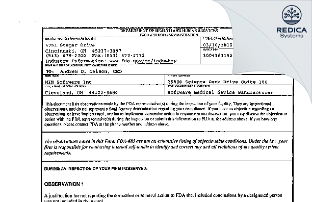 FDA 483 - MIM Software Inc [Cleveland / United States of America] - Download PDF - Redica Systems