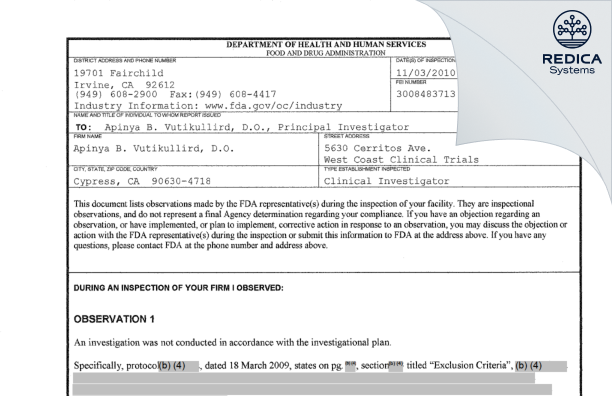 FDA 483 - Apinya B. Vutikullird, D.O. [Cypress / United States of America] - Download PDF - Redica Systems