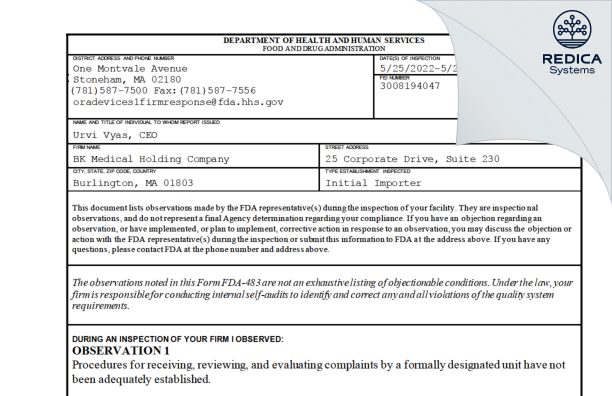 FDA 483 - BK Medical Holding Company [Burlington / United States of America] - Download PDF - Redica Systems