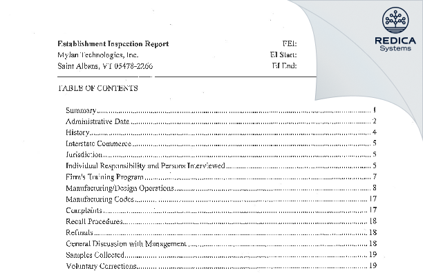EIR - Mylan Technologies Inc. [St. Albans Vermont / United States of America] - Download PDF - Redica Systems