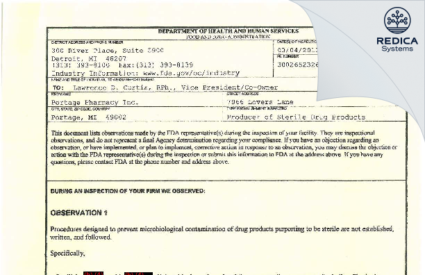 FDA 483 - Portage Pharmacy Inc. [Portage / United States of America] - Download PDF - Redica Systems