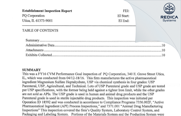 EIR - PQ Corporation [Utica / United States of America] - Download PDF - Redica Systems