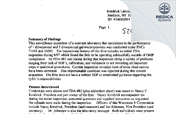 EIR - Kendrick Laboratories, Inc. [Madison / United States of America] - Download PDF - Redica Systems