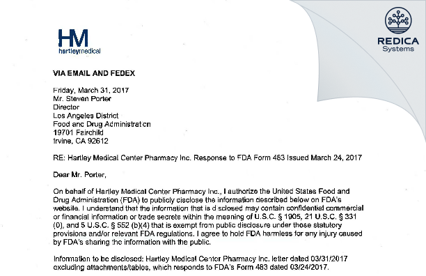 FDA 483 Response - Hartley Medical Center Pharmacy, Incorporated [Long Beach / United States of America] - Download PDF - Redica Systems