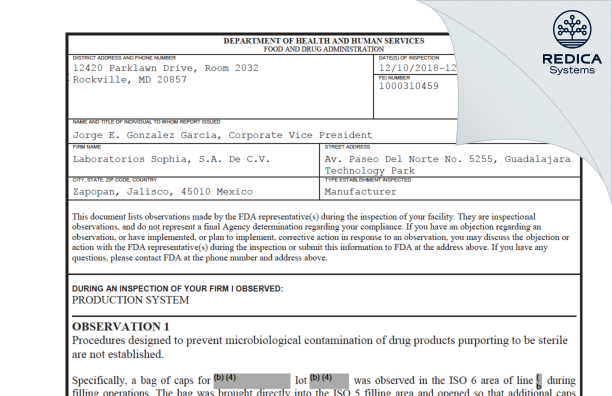 FDA 483 - LABORATORIOS SOPHIA, S.A. DE C.V. [Mexico / Mexico] - Download PDF - Redica Systems