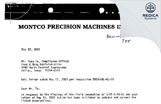 FDA 483 Response - Montco Precision Machines, Inc [Tomball / United States of America] - Download PDF - Redica Systems