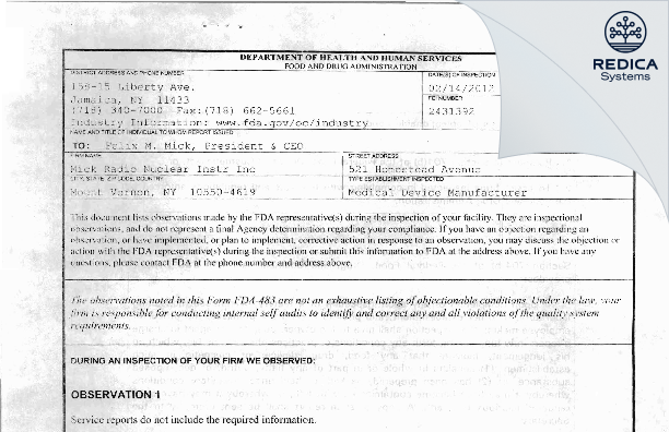 FDA 483 - Mick Radio Nuclear Instr Inc [Mount Vernon / United States of America] - Download PDF - Redica Systems