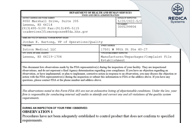 FDA 483 - Zutron Medical LLC [Lenexa / United States of America] - Download PDF - Redica Systems