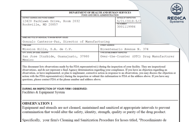 FDA 483 - Mission Hills, S.A. de C.V. [Mexico / Mexico] - Download PDF - Redica Systems