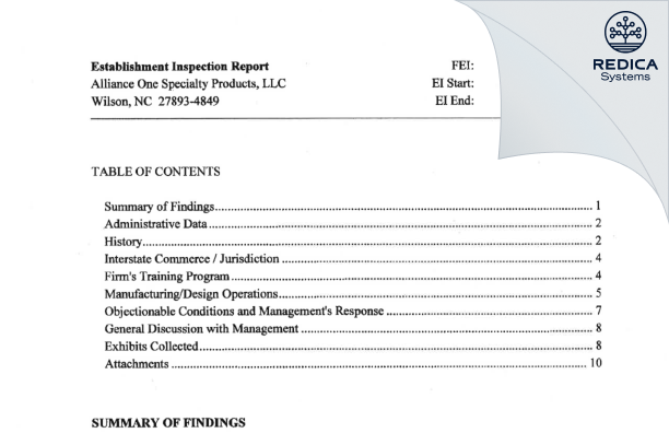 EIR - Alliance One Specialty Products, LLC [Wilson / United States of America] - Download PDF - Redica Systems
