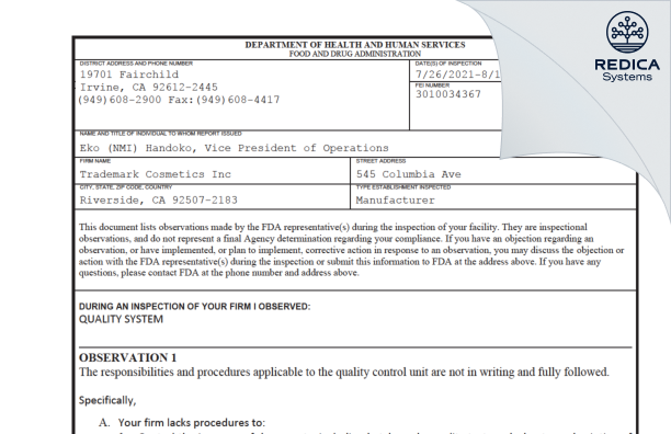 FDA 483 - Trademark Cosmetic, Inc. [California / United States of America] - Download PDF - Redica Systems