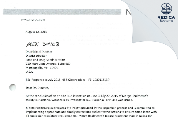 FDA 483 Response - Merge Healthcare, Inc. [Hartland / United States of America] - Download PDF - Redica Systems