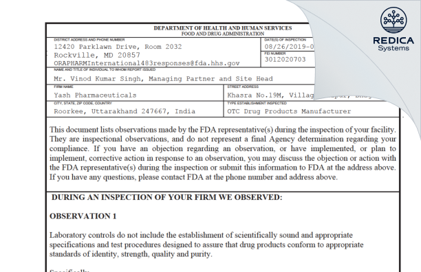 FDA 483 - YASH PHARMACEUTICALS [India / India] - Download PDF - Redica Systems