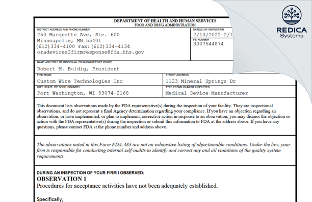 FDA 483 - Custom Wire Technologies Inc [Port Washington / United States of America] - Download PDF - Redica Systems