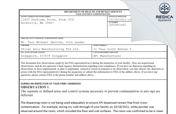 FDA 483 - Pfizer Asia Manufacturing Pte Ltd [Singapore / Singapore] - Download PDF - Redica Systems