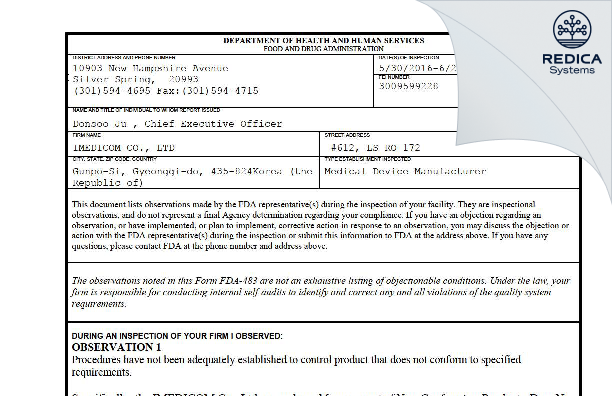FDA 483 - IMEDICOM CO., LTD [- / -] - Download PDF - Redica Systems
