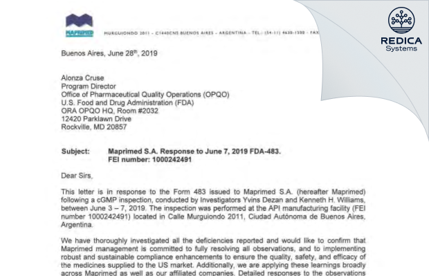 FDA 483 Response - Maprimed S.A. [Argentina / Argentina] - Download PDF - Redica Systems
