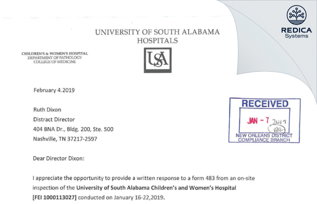 FDA 483 Response - University of South Alabama Children's and Women's Hospital [Mobile / United States of America] - Download PDF - Redica Systems