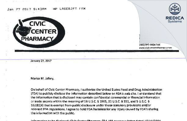 FDA 483 Response - Civic Center Pharmacy, Inc. [Scottsdale / United States of America] - Download PDF - Redica Systems
