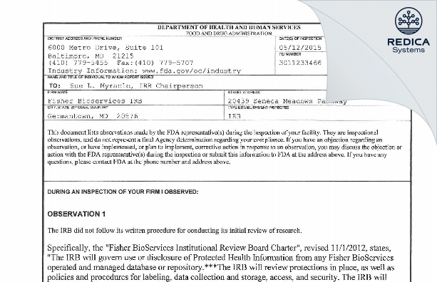 FDA 483 - Fisher Bioservices IRB [Germantown / United States of America] - Download PDF - Redica Systems
