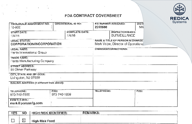 FDA 483 - Penta International Corp [Jersey / United States of America] - Download PDF - Redica Systems