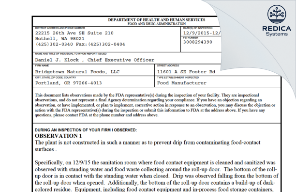 FDA 483 - Bridgetown Natural Foods, LLC [Portland / United States of America] - Download PDF - Redica Systems