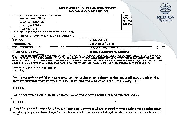 FDA 483 - Melaleuca [Idaho Falls / United States of America] - Download PDF - Redica Systems