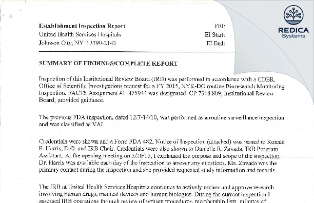 EIR - United Health Services Hospitals, Inc. [Johnson City / United States of America] - Download PDF - Redica Systems