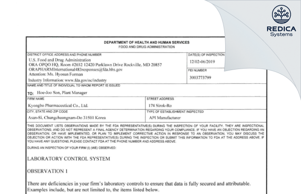 FDA 483 - Kyongbo Pharmaceutical Co., Ltd. [- / Korea (Republic of)] - Download PDF - Redica Systems