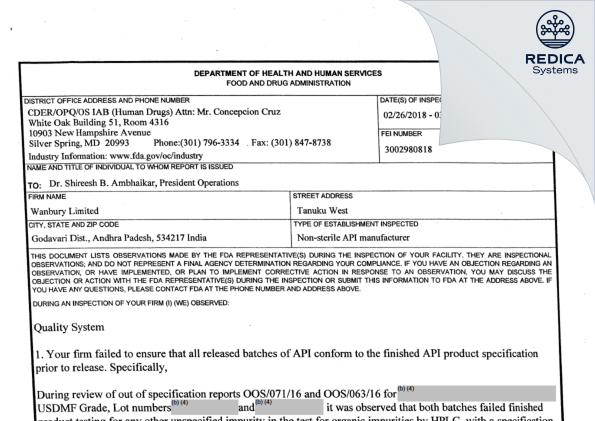 FDA 483 - Wanbury Limited [India / India] - Download PDF - Redica Systems