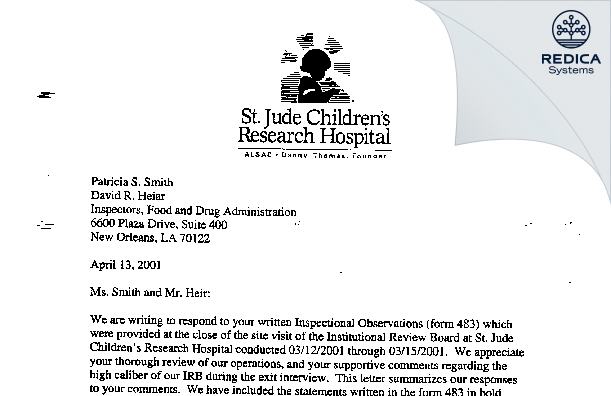 FDA 483 Response - St. Jude Children's Research Hospital [Memphis / United States of America] - Download PDF - Redica Systems