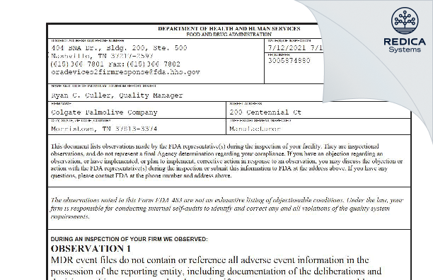FDA 483 - Colgate-Palmolive Company [Morristown / United States of America] - Download PDF - Redica Systems