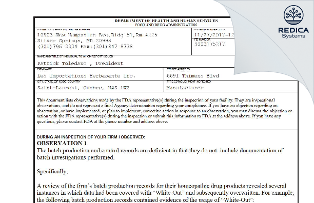 FDA 483 - Les Importations Herbasante Inc [Saint-Laurent / Canada] - Download PDF - Redica Systems