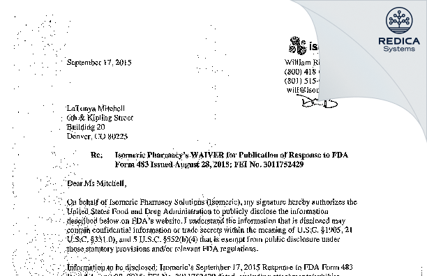 FDA 483 Response - Isomeric Pharmacy Solutions, LLC [Salt Lake City / United States of America] - Download PDF - Redica Systems