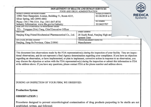 FDA 483 - Nanjing King-Friend Biochemical Pharmaceutical Co.,Ltd. (FDF Site) [China / China] - Download PDF - Redica Systems