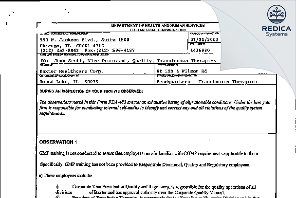 FDA 483 - Baxter Healthcare Corporation [Round Lake / United States of America] - Download PDF - Redica Systems