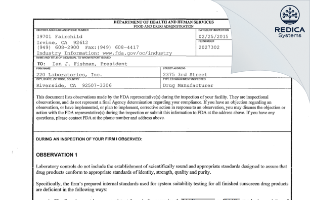 FDA 483 - 220 Laboratories LLC. [California / United States of America] - Download PDF - Redica Systems