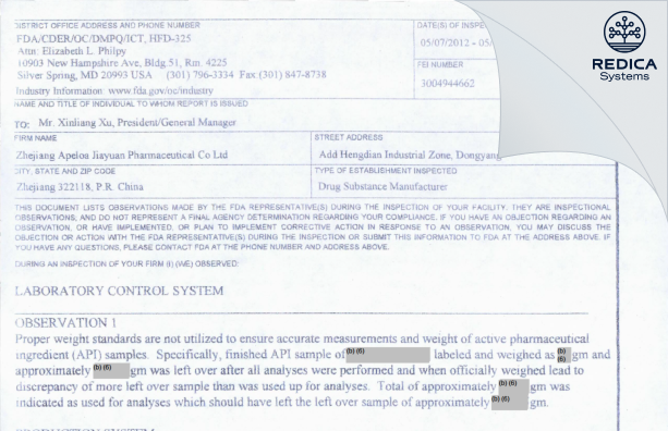 FDA 483 - Zhejiang Apeloa Jiayuan Pharmaceutical Co., Ltd. [China / China] - Download PDF - Redica Systems