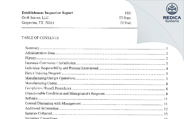 EIR - GraftSource, LLC [Grapevine / United States of America] - Download PDF - Redica Systems