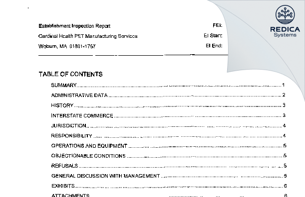 EIR - Cardinal Health 414, LLC [Woburn / United States of America] - Download PDF - Redica Systems