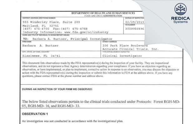 FDA 483 - Barbara A. Burtner [Kissimmee / United States of America] - Download PDF - Redica Systems