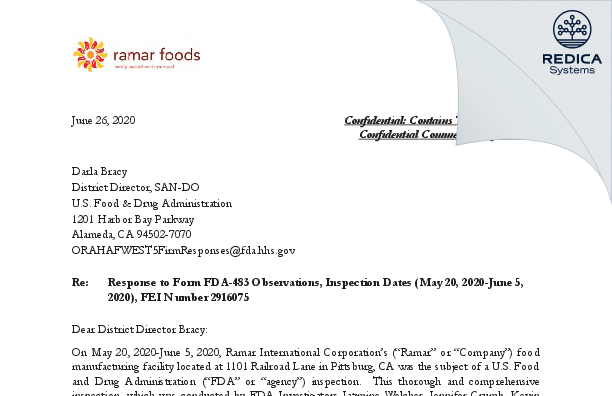 FDA 483 Response - Ramar International Corporation [Pittsburg / United States of America] - Download PDF - Redica Systems